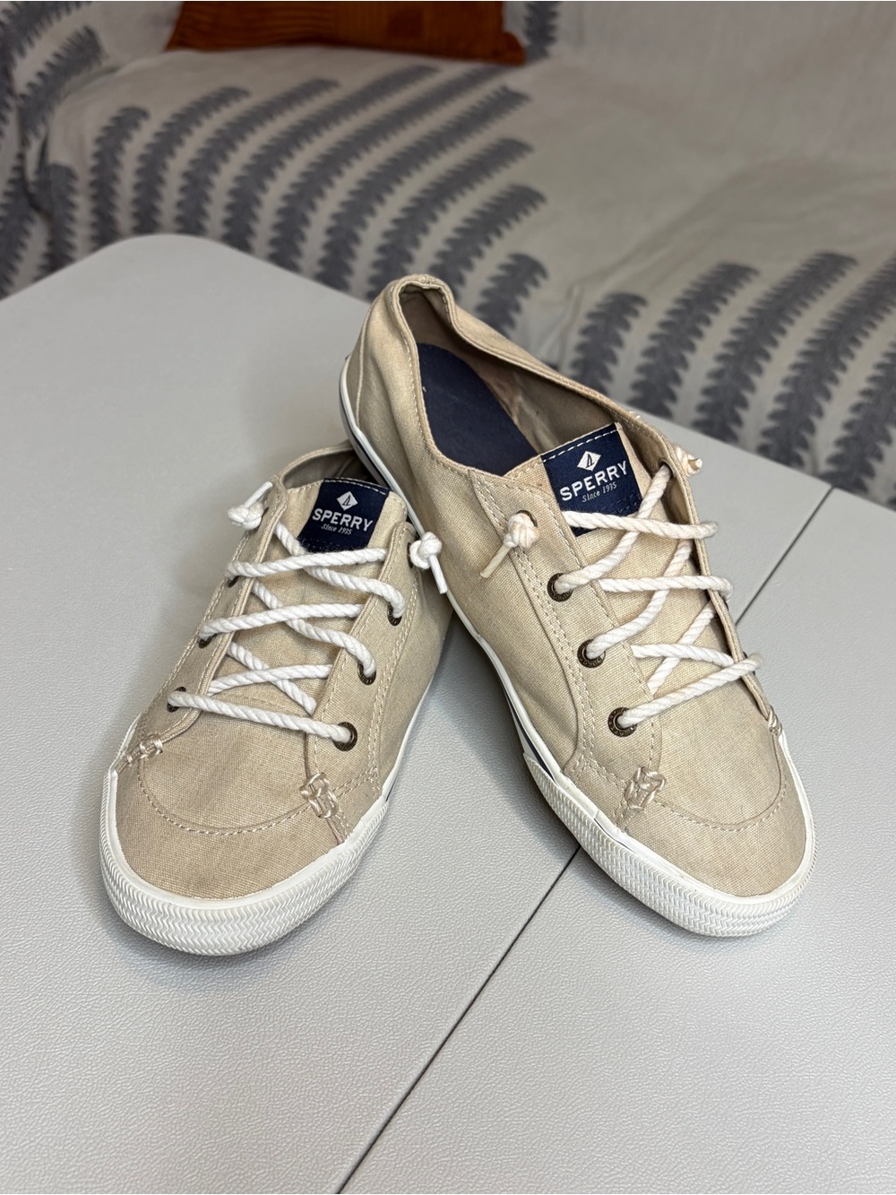 Sperry Beige Canvas Boat Shoes with White Soles 8